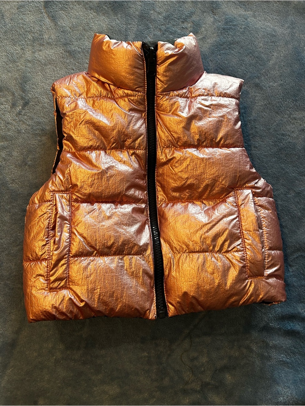 Reversible Puffer Vest in Black with Pink Metallic Copper Lining
